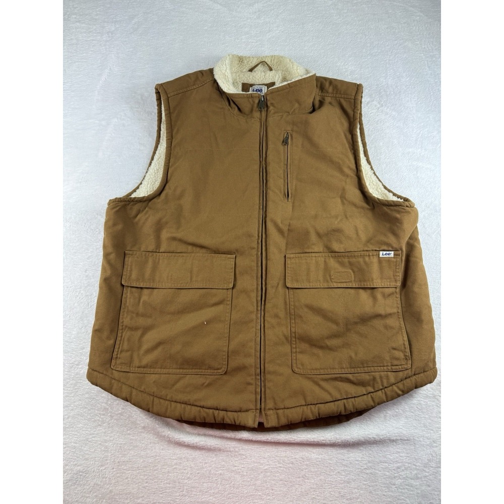 Lee Sherpa Lined Work Vest‎ XL Brown Canvas Full Zip Ranch Western